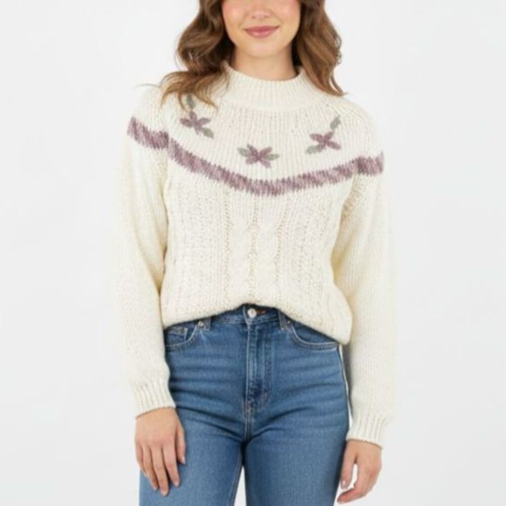 Margules Ivory Cable Knit Floral Embroidered VTG 80s Mockneck Sweater Size S